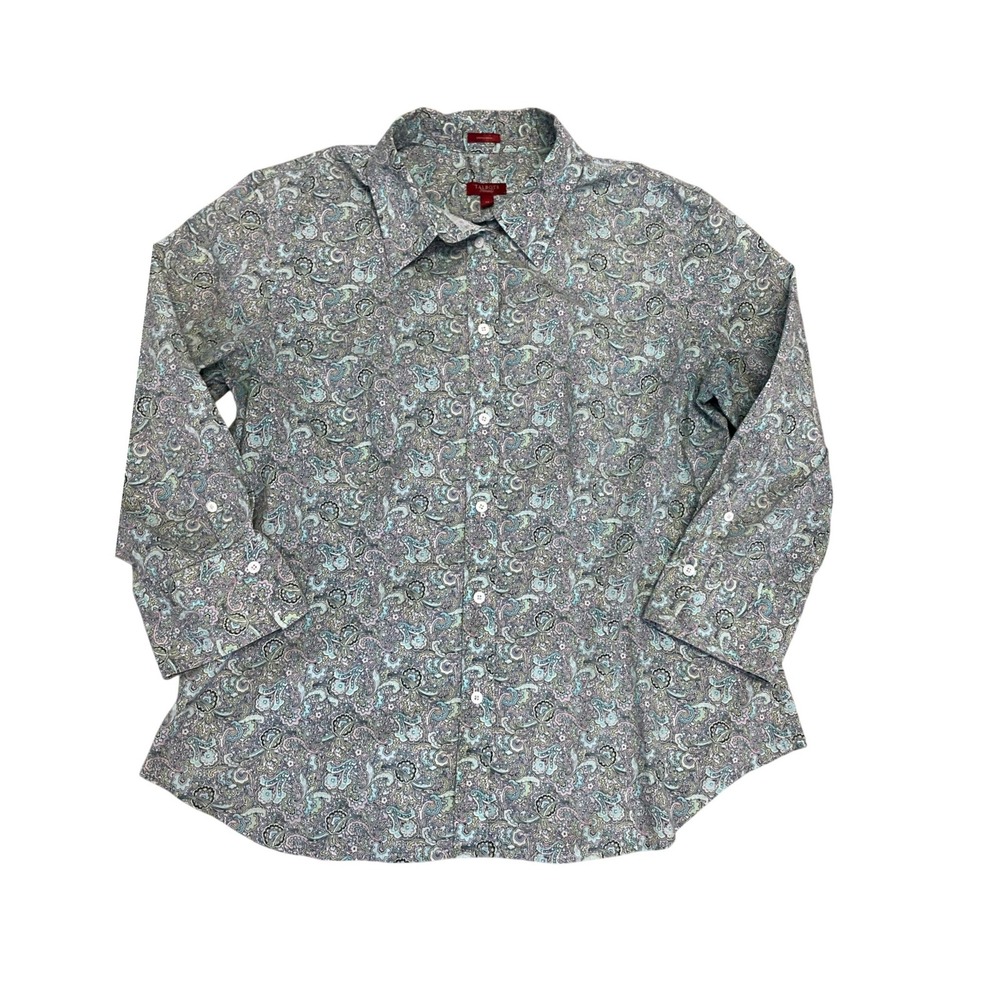 Talbots Womens 14 Stretch Poplin Paisley 3/4 Sleeve Button Down Shirt Blue Green